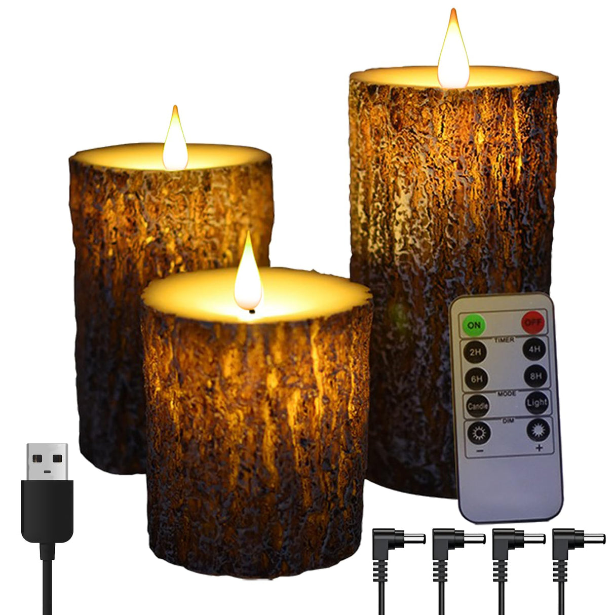 NICEME Rechargeable LED Pine Bark Flameless Candles with Timer Remote USB Cable, Brown Real Wax USB Candles Flickering Fireplace Cabin Decor Electric Fake Battery Pillar Bark Candles, D 3”×H 4”5”6” NICEME