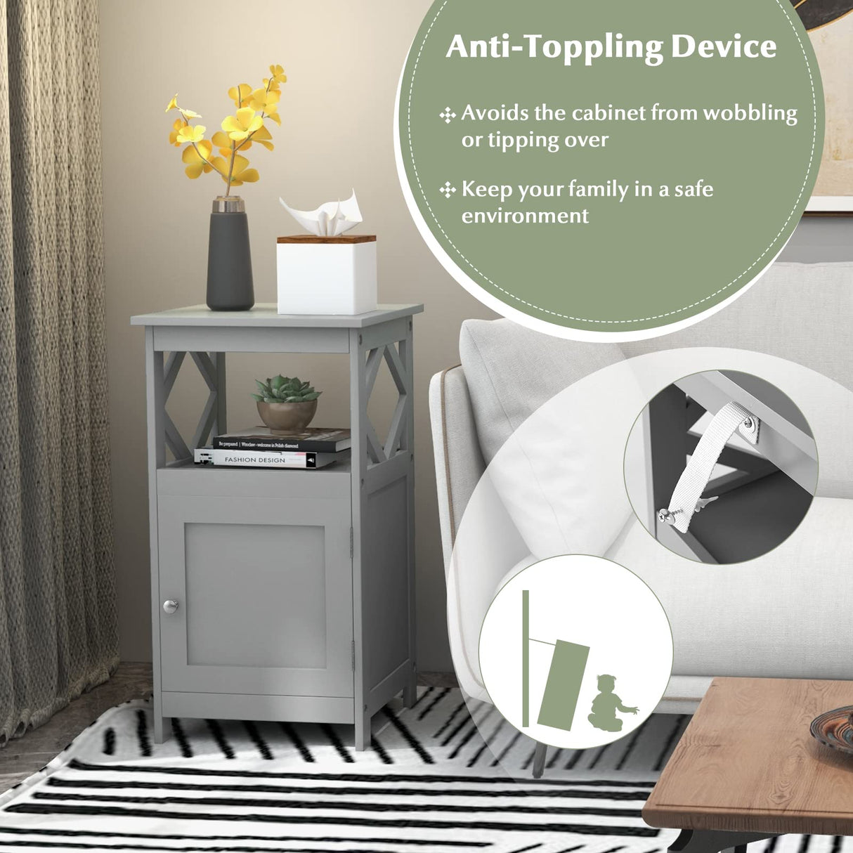 Tangkula Bathroom Floor Cabinet, Single Door Storage Cabinet with Diamond Frame Open Shelf, Anti-Toppling, Freestanding Bathroom Storage Narrow Side Cabinet for Bathroom Living Room (Grey) Tangkula