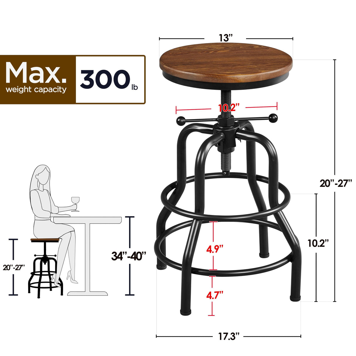 Yaheetech Industrial Bar Stool Vintage Counter Stool Rustic Counter Height Bar Stool Adjustable Metal Stool with Round Wood Seat Kitchen/Dining/Cafe Chair 20-27 Inch Tall, Brown, 1PCS Yaheetech
