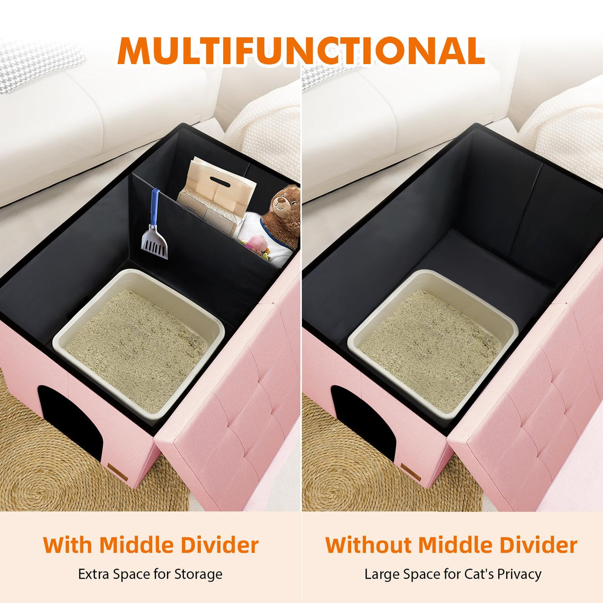 Zerbuger Cat Litter Box Enclosure Furniture for Odor Control, Hidden Cabinet Cats Litter Ottoman with Flip-Up Lid,Cat Litter Box Bench with Storage Space, Dog Proof (Pink, Large) Zerbuger