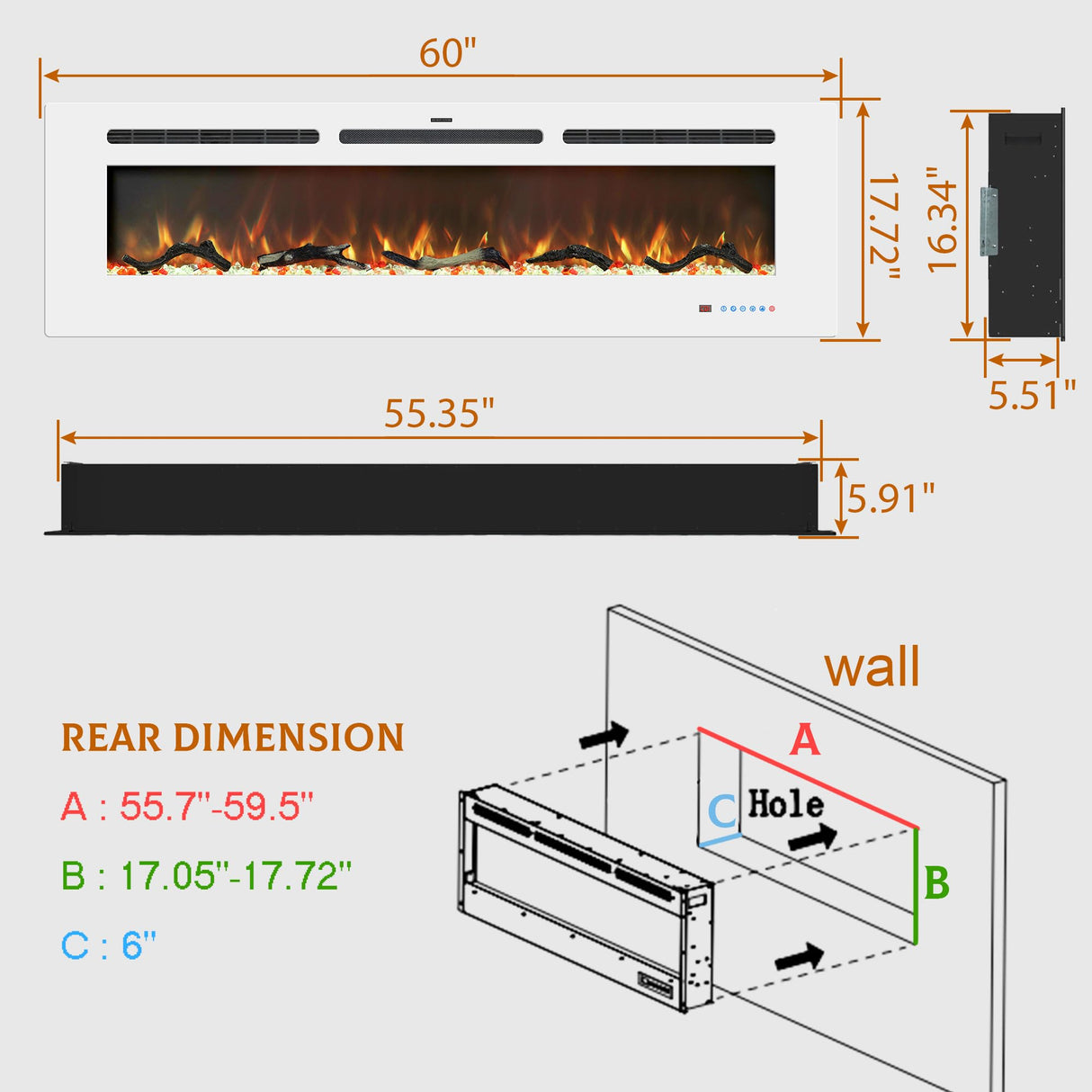 Kentsky 60 inches Electric Fireplace Inserts, Recessed and Wall Mounted Fireplace Heater, Linear Fireplace w/Thermostat, Touch Screen, Multicolor Flame, Timer, Log & Crystal, 750W/1500W, White Kentsky