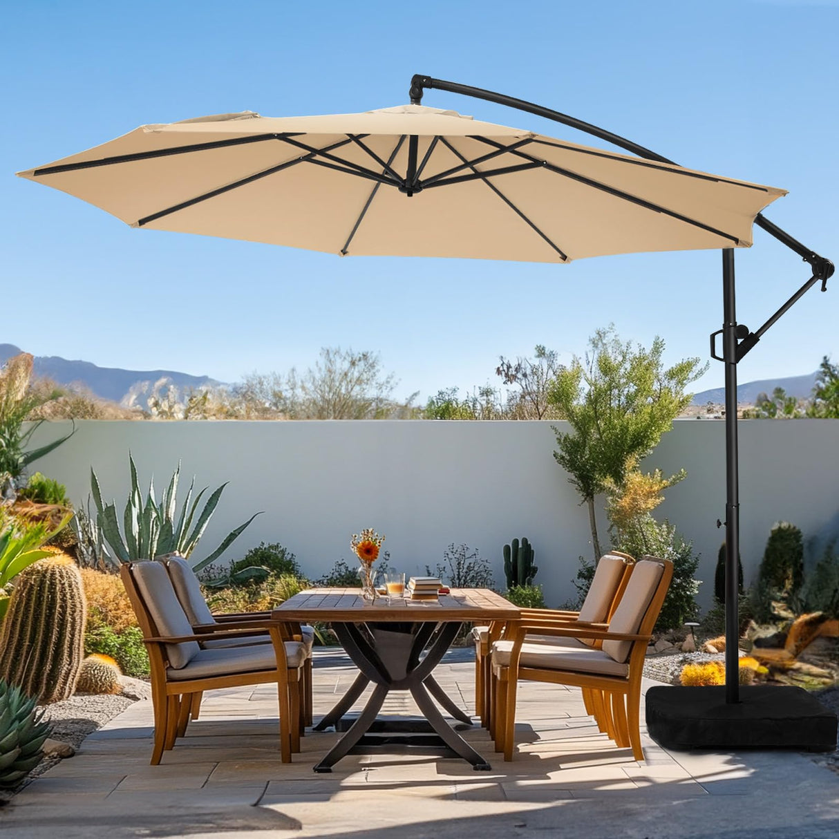 wikiwiki 10ft Patio Umbrella with Base Included, Outdoor Offset Cantilever Umbrella, Infinite Tilt, Crank and Cross Base, Beige wikiwiki