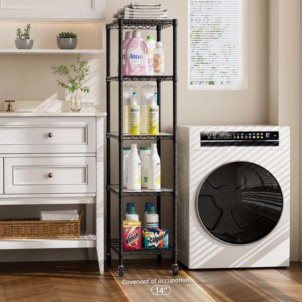 Golpart 5 Tier Shelves Storage Shelf Wire Closet Bathroom Organizers Metal Pantry Kitchen Garage Shelving Unit Laundry Room Organization Home Rack Net Basket Black with Wheels 14”D X 24”W X 61”H Golpart