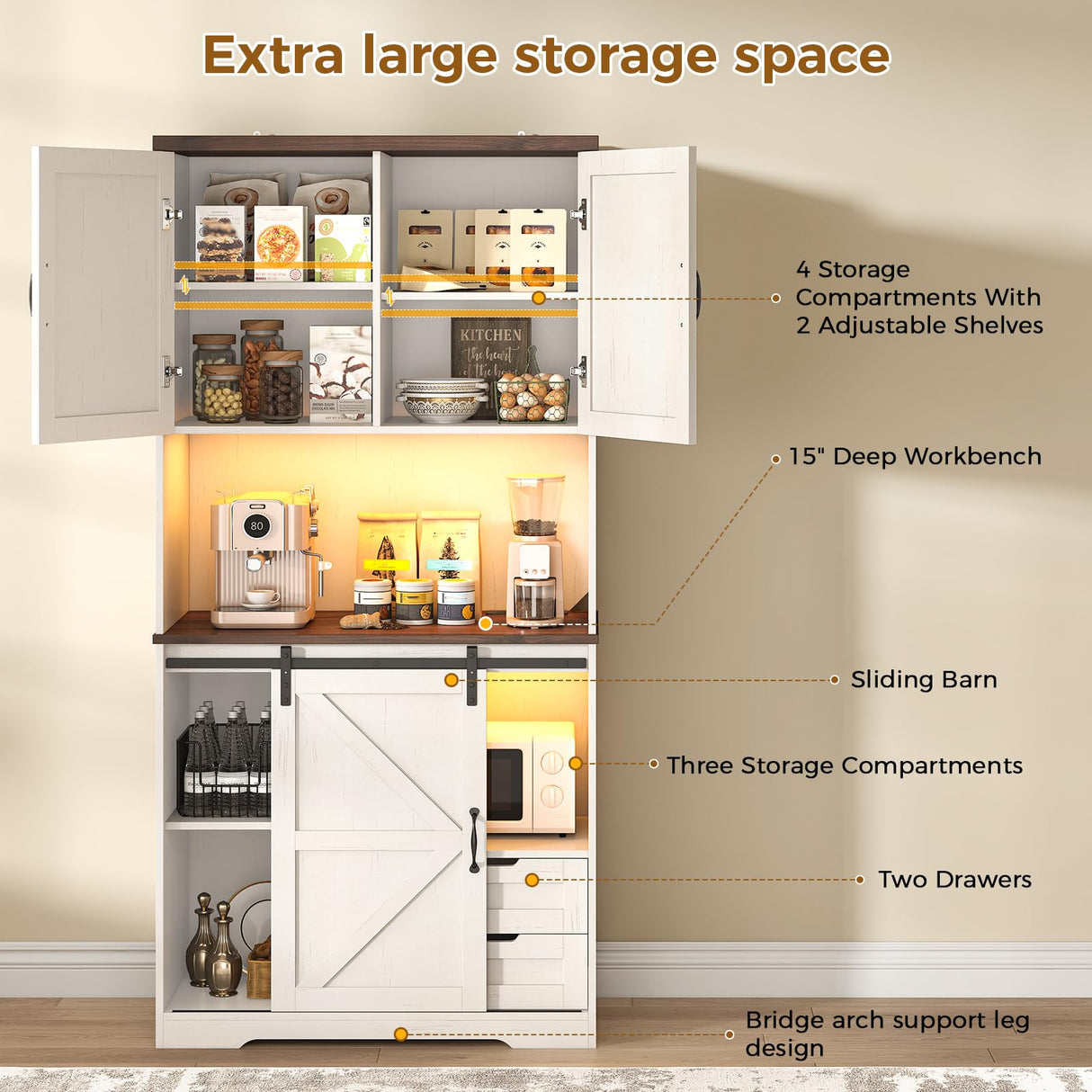 UPOSOJA Farmhouse Kitchen Pantry Storage Cabinet with Drawers & Shelves, Freestanding Hutch and Adjustable Shelves, Versatile Storage for Kitchen, Dining Room, Living Room (Old White) UPOSOJA