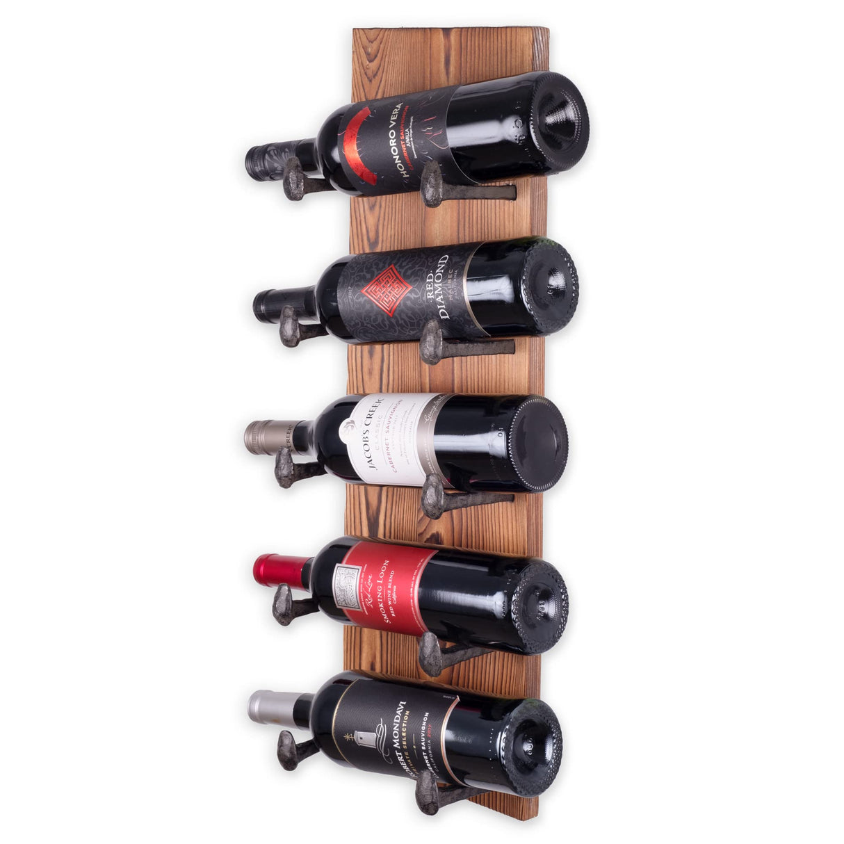 Rustic State Alicante Wall Mounted Reclaimed Wood Vertical Wine Rack Holder Shelf Organizer with Railroad Spike Cast Iron Hooks for 5 Bottles - Home, Kitchen, Dining Room Bar Décor - Walnut Rustic State