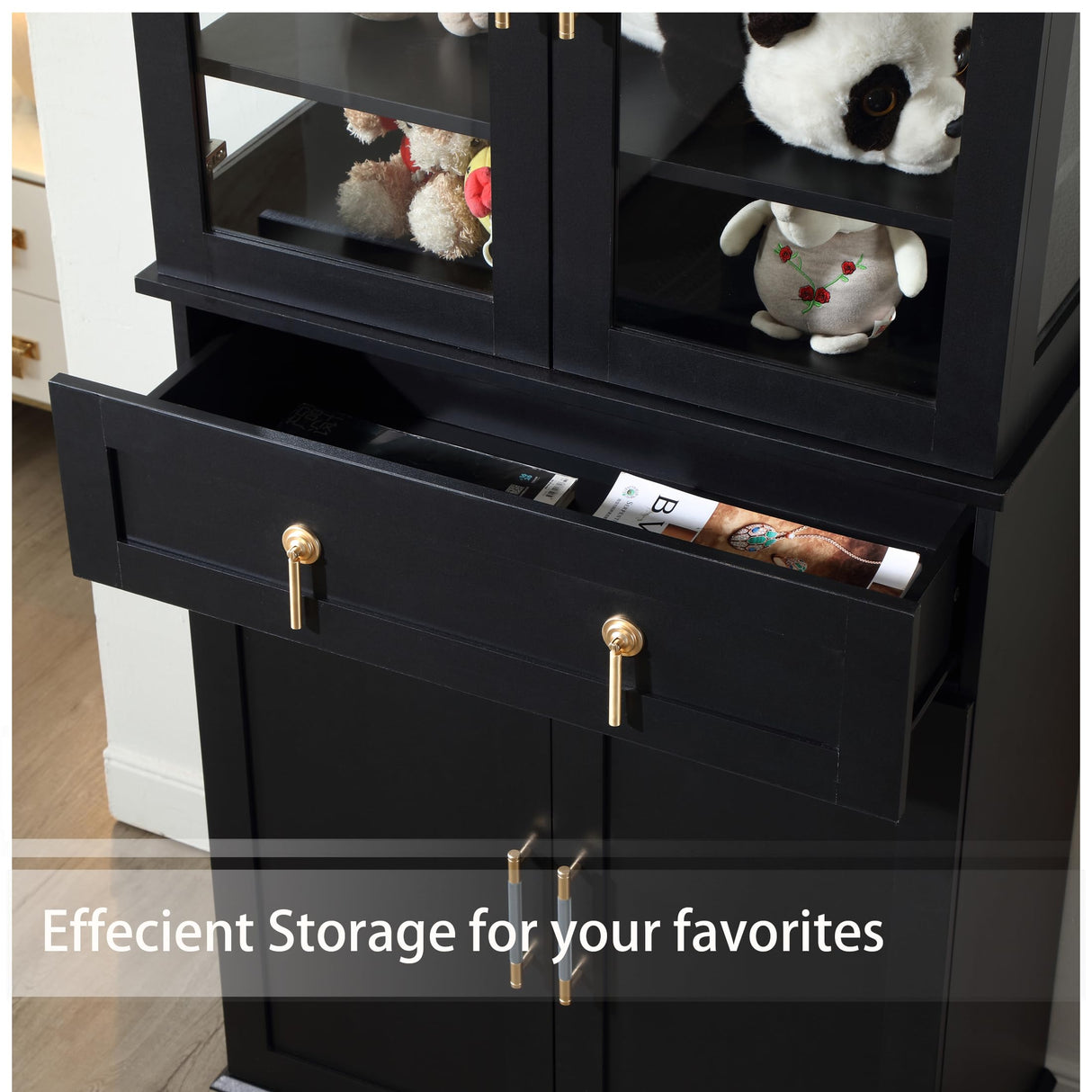 FOREST GRAVITY 71''Tall Pantry Cabinet,Kitchen Pantry,LED Lighting Display Cabinet,a Drawer,3 Adjustable Shelves,Pantry for Dining Room and Kitchen 3 Side Panels of Glass for Better Showcase,Black FOREST GRAVITY