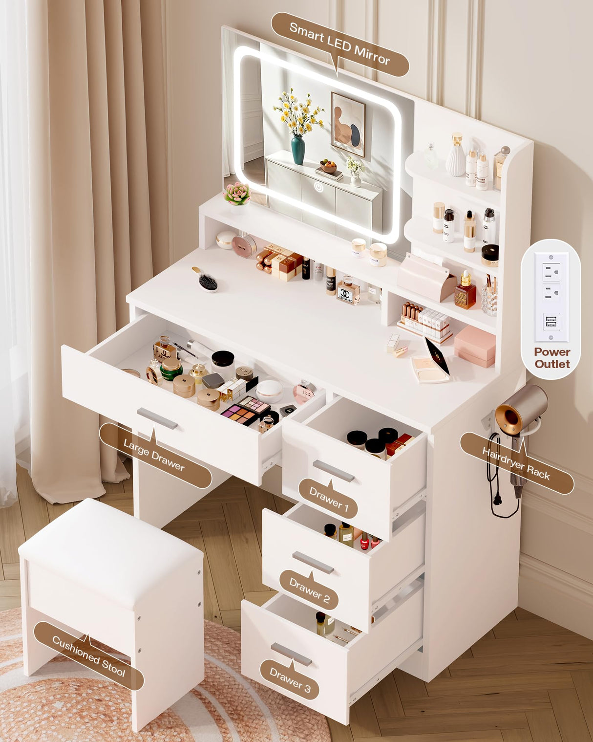 LIVELYGLOW Makeup Vanity Desk Set, 35.4“Wx15.7”Dx53.9“H, White (Smart LED Mirror, with Cushion Stool, Hairdryer Rack, Power-Outlet, 4 Drawers, Open Shelves) LIVELYGLOW