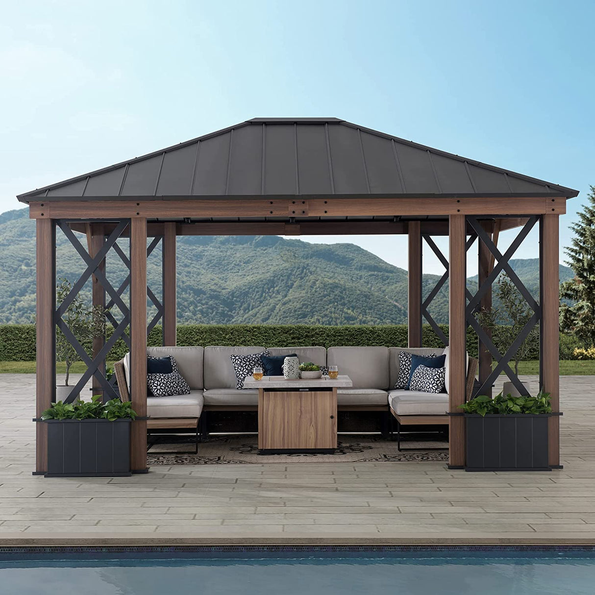 Sunjoy 13 ft. x 15 ft. Hardtop Gazebo, Outdoor Black Steel Roof Gazebo Aluminum Framed Gazebo with Planters and Ceiling Hook for Patio, Garden, and Backyard Activities by SummerCove SummerCove