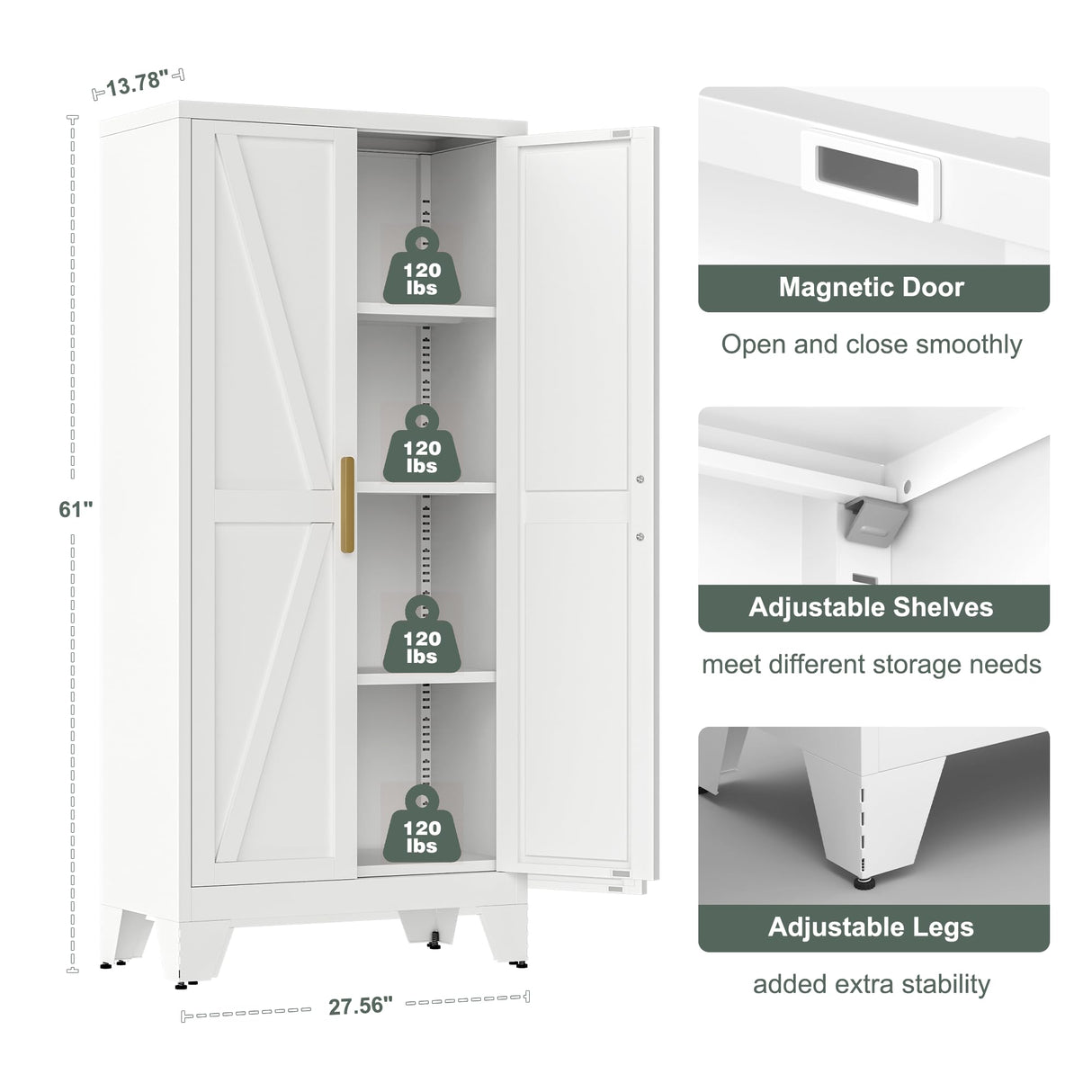 61" Tall Farmhouse Metal Pantry Cabinet, Kitchen Pantry Storage Cabinets with 2 Barn Door and Adjustable Shelves,Metal Pantry Storage Cabinet,for Kitchen,Laundry Room,Home Office,Kids Room (White) Washsemba