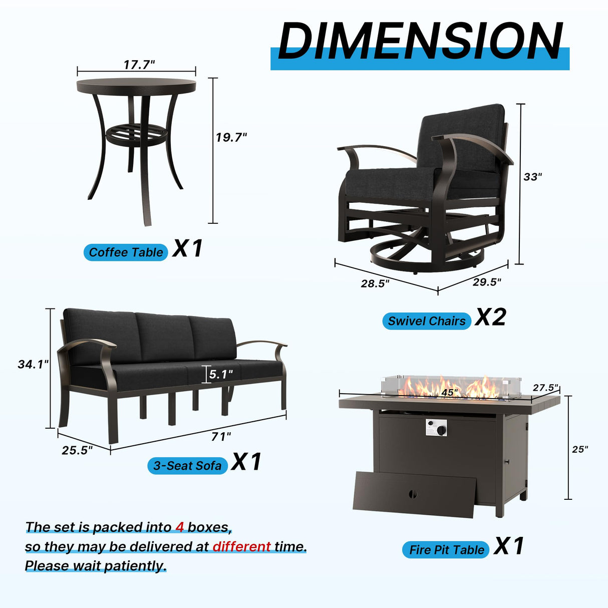 Gotland Outdoor Aluminum Patio Furniture Set with Fire Pit Table, 5 Pieces Metal Patio Furniture with 2 Swivel Rocking Chairs Waterproof 5.1'' Seat Cushions, for Garden Balcony Porch Gotland