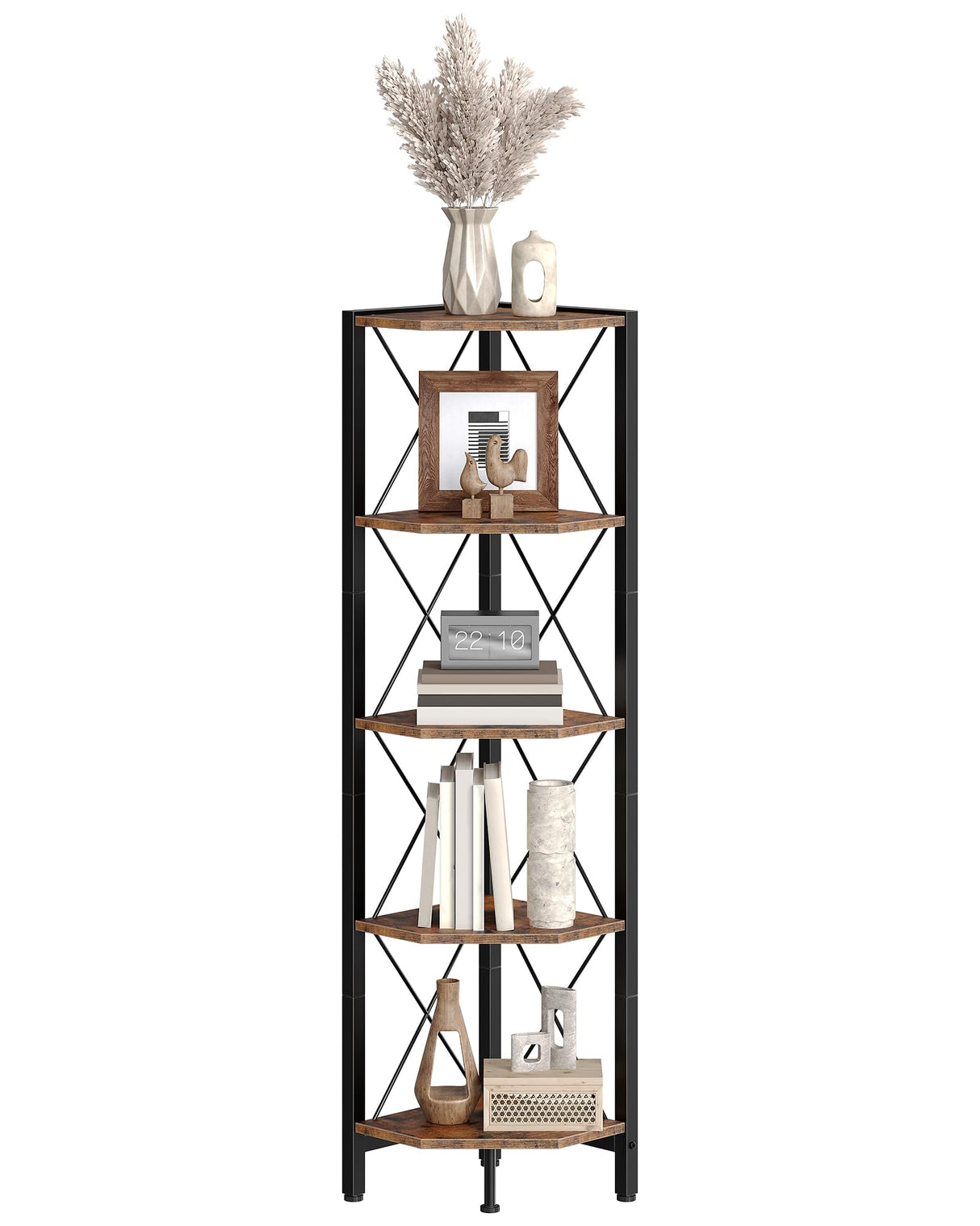 CHOEZON 5-Tier Corner Shelf, Corner Bookcase, 55.2" Tall Vertical Display Rack, Plant Stand, Open Storage Shelf, for Living Room, Bedroom, Study, Kitchen, Rustic Brown and Black TCJ12BF CHOEZON