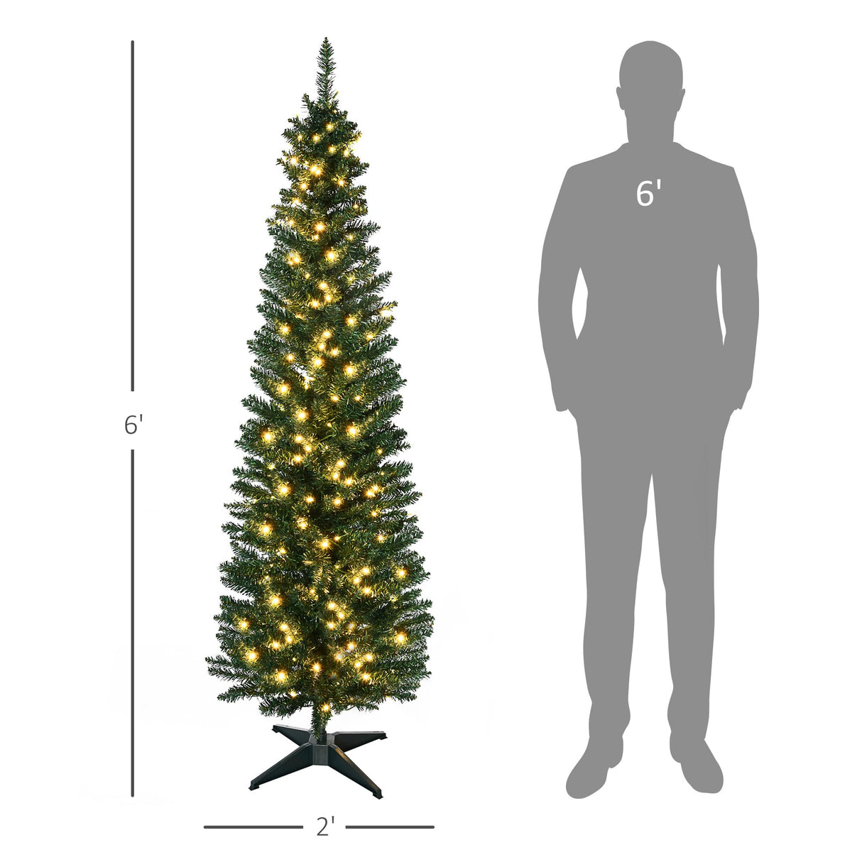 HOMCOM 6' Tall Pre-Lit Slim Noble Fir Artificial Christmas Tree with 200 Warm White LED Lights and 390 Tips, for Christmas Decoration, Green HOMCOM