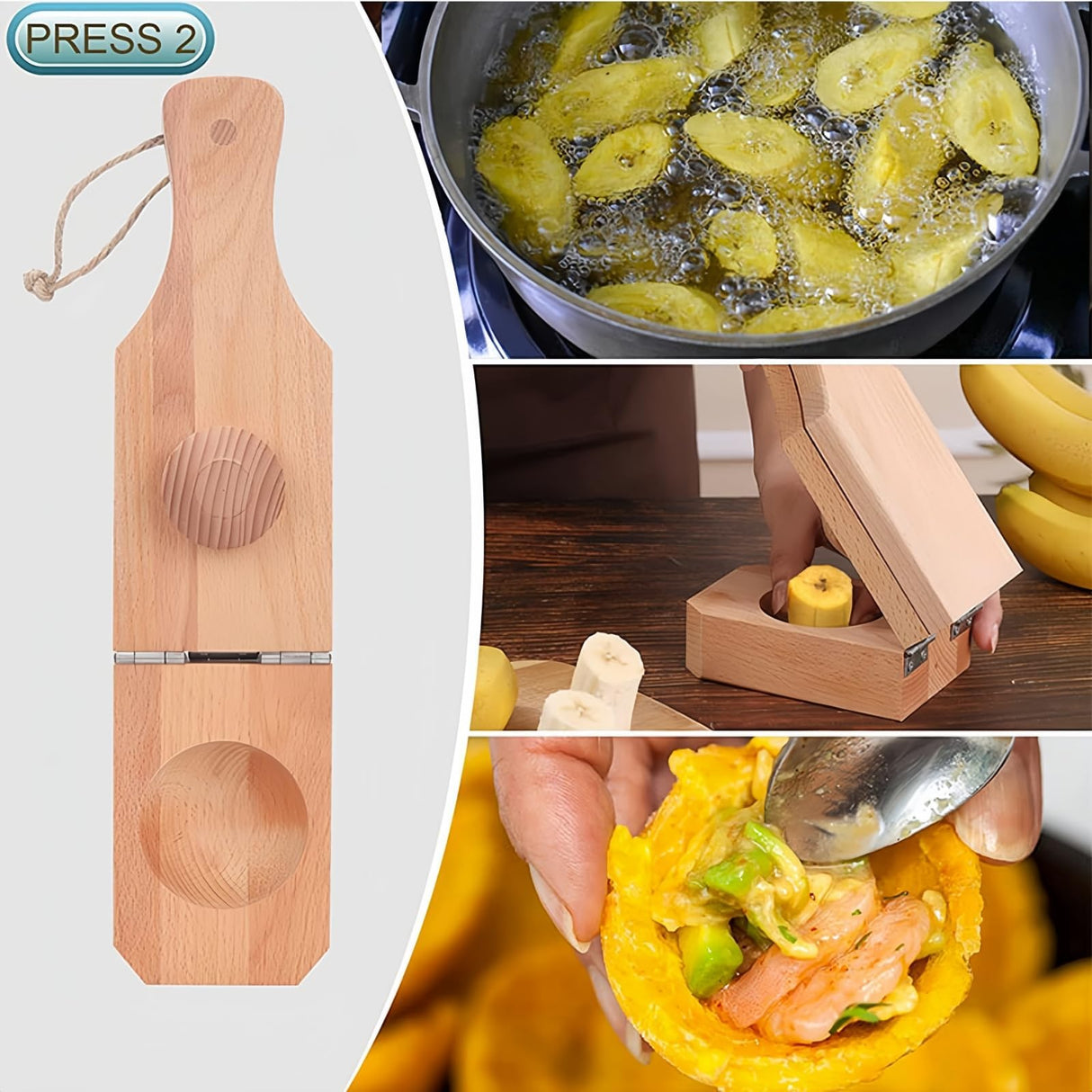 Wooden Plantain Press with Handle,2 in 1 Wood Reusable Plantain Press Smasher,Portable Plantain Press,Easy Storage for Fried Plantains Chips and Tostonera Cups Generic