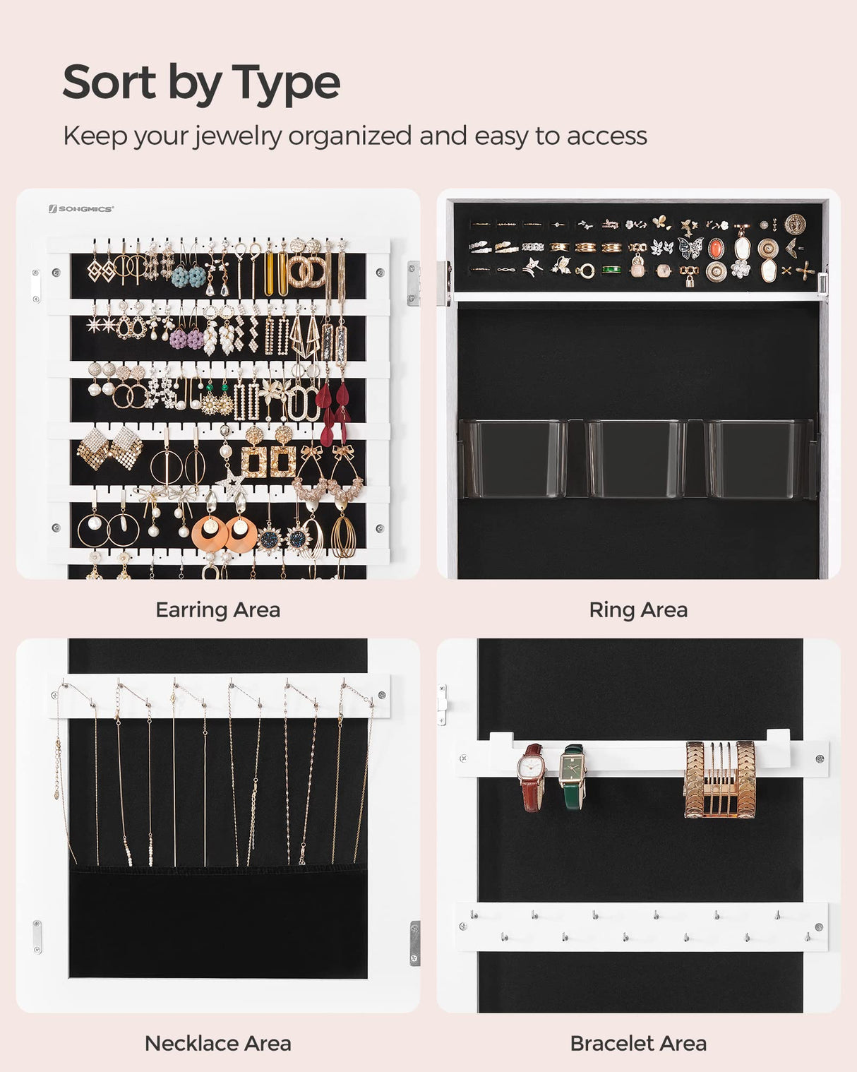 SONGMICS Jewelry Cabinet Armoire, Lockable Wall-Mounted Organizer Unit with 2 Plastic Cosmetic Storage Trays, Full-Length Frameless Mirror, White UJJC001W01 SONGMICS