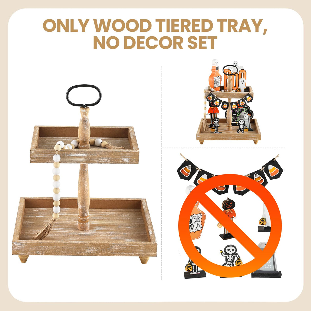 Tiered Tray Stand, Rustic Wooden 2 Tier Decorative Tray with Bead Garland, Farmhouse Square Wood Serving Tray Counter Centerpiece for Coffee Bar Home Decor Thanksgiving Housewarming Gifts (Brown) SYNCVIBE