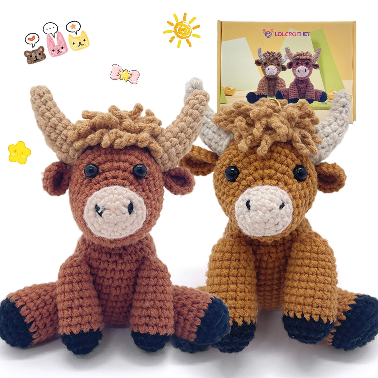 Highland Cow Crochet Kit for Beginners Intermediates - 2 Pcs Animals Craft Crochet Starter Kit with Step-by-Step Video Tutorial, Easy Knitting Set for Adults Kids, Women Learn to Crocheting Gift Idea LOLCROCHET