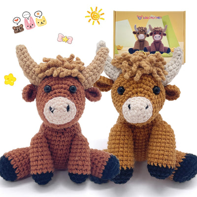 Highland Cow Crochet Kit for Beginners Intermediates - 2 Pcs Animals Craft Crochet Starter Kit with Step-by-Step Video Tutorial, Easy Knitting Set for Adults Kids, Women Learn to Crocheting Gift Idea