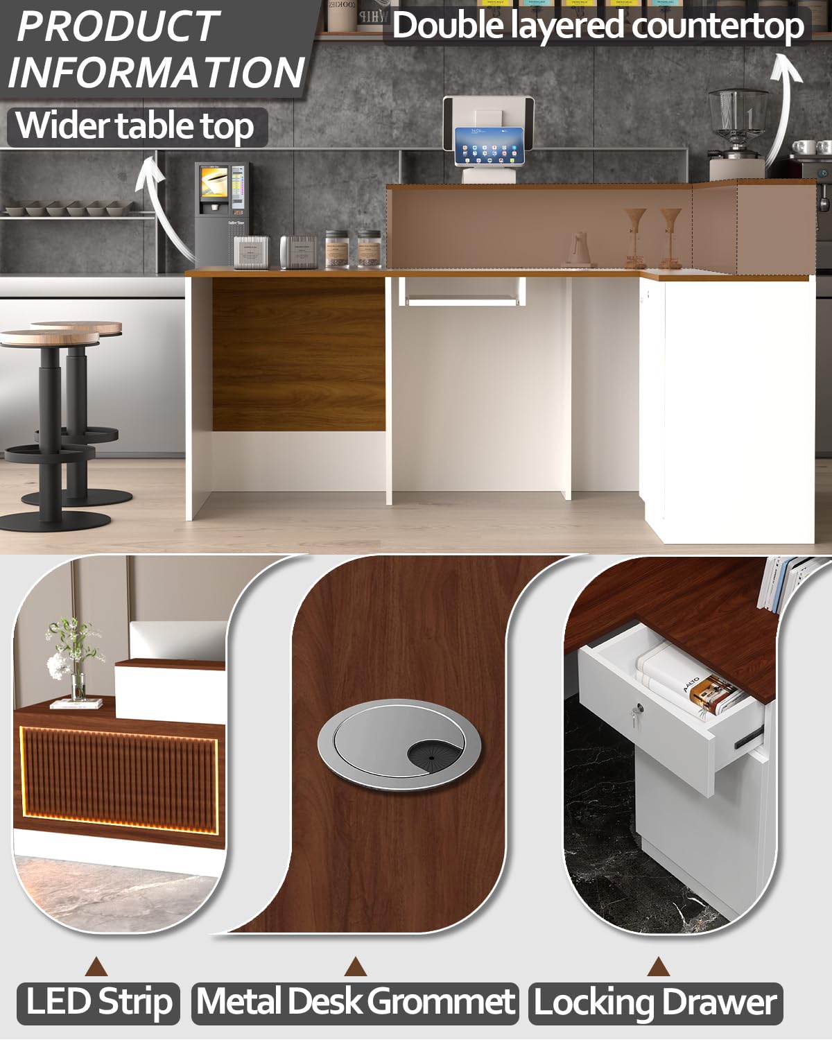 60″/71″ Modern Desk with Counter and Drawers, L Shaped Reception Desk with LED Lights, Made of Multi-Layer Solid Wood,Suitable for Lobby, Salon, Retail, Corporate Hall (Walnut-Right, 71″) Generic