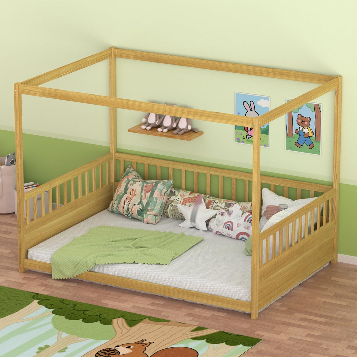 Lyngins Full Size Canopy Bed Frame with Guardrails for Kids, Floor Bed Full with Four Poster Design, Kids Montessori Floor Bed, Wood Canopy Bed Frame for Girls, Boys(Natural) Lyngins