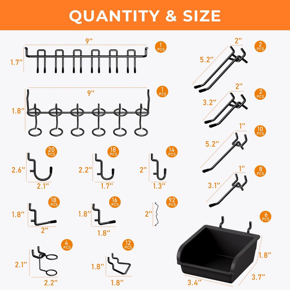 INCLY 220PCS Extra Thick 1/4" Pegboard Accessories Organizer Kit, Heavy Duty Black Pegboard Hooks with Bins and Peg Lock, Peg Board Hooks Assortment for Garage Wall Attachments Hanging Tools INCLY