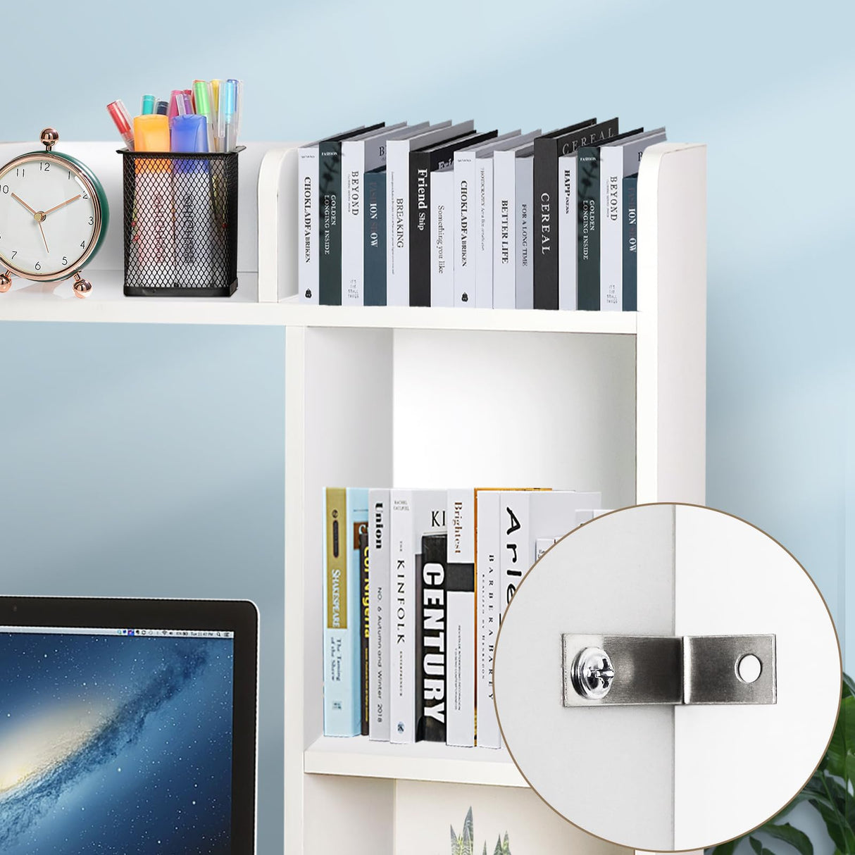 Sturdy White Wooden 3-Tier Desk Bookshelf with 5 Cubbies - YYDBIAP College Dorm Hutch YYDBIAP