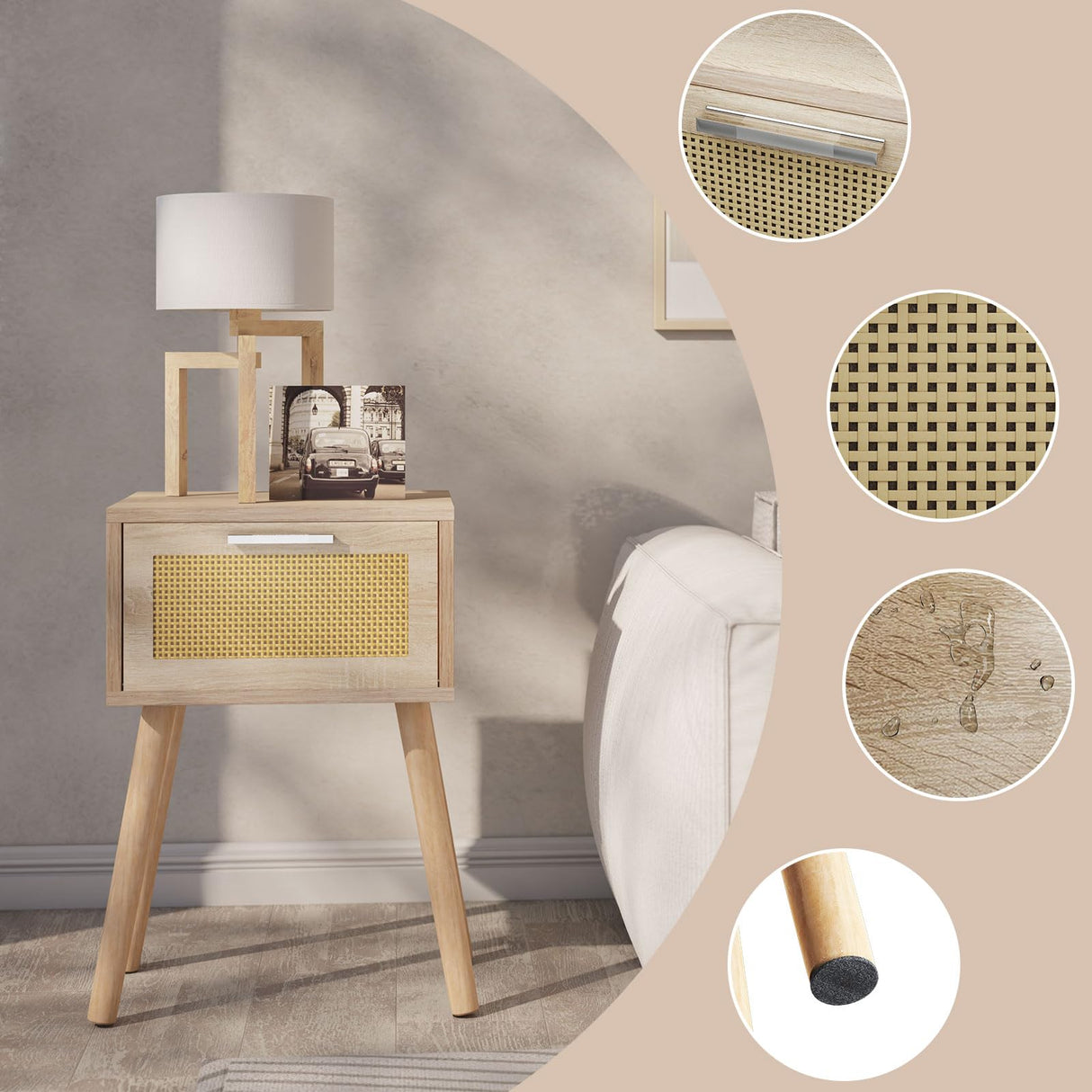 YMYNY Nightstand Set of 2, End Table, Small Bedside Table, Handmade Rattan Decorated Drawer, Solid Wood Legs, Modern Side Table for Bedroom and Small Spaces, Natural UHST010N-2 YMYNY