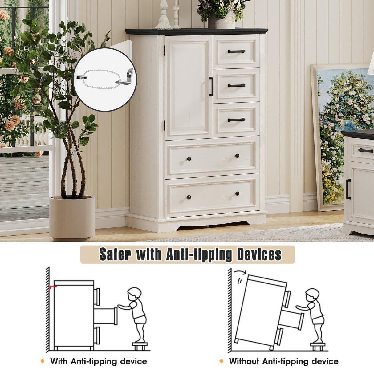 Maupvit Farmhouse 5 Drawer Dresser for Bedroom, 31.5" Tall Wood Chest of Drawers Storage Cabinet with Metal Handle for Living Room, White Maupvit