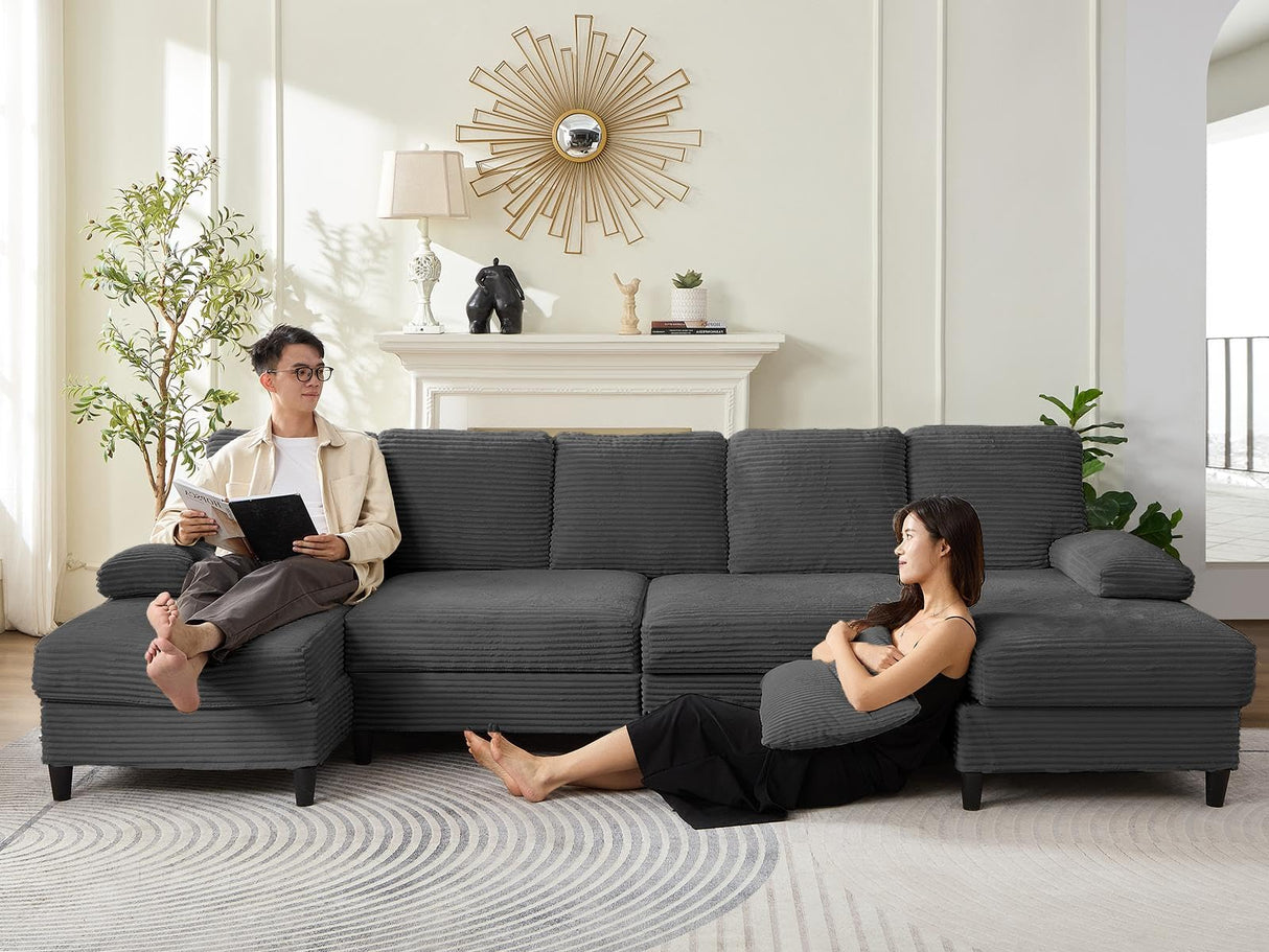 Mjkone 112" Width 4 Seater Sectional Sofa Couches for Living Room, U Shaped Sofa Couch with Double Chaises, Corduroy Living Room Sets Furniture with 2 Extra Pillows for Home Office, Dark Grey Mjkone
