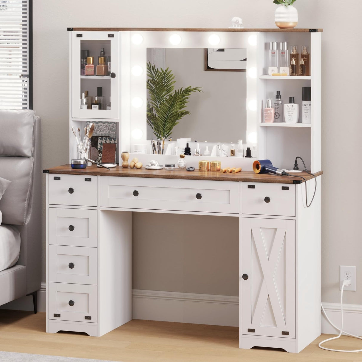 DICTAC Farmhouse Makeup Vanity Desk with Mirror and Lights, Large Vanity Table with Charging Station, 43'' Bedroom Dressing Table with 6 Drawers & 2 DICTAC