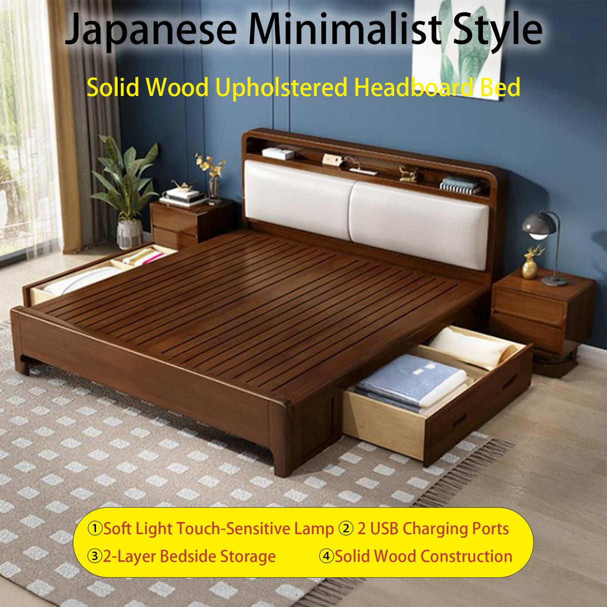 Solid Wood Farmhouse Bed Frame Set with Mattress and Nightstands, Walnut Finish BaFra