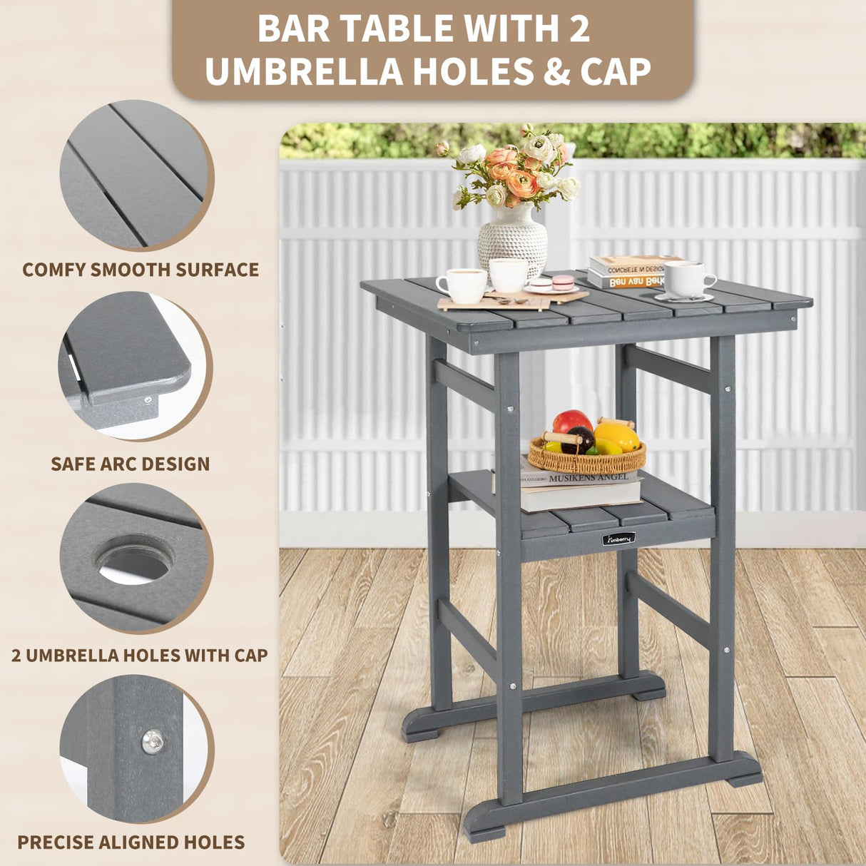 FUNBERRY Outdoor Bar Set with Umbrella Holes, Tall Adirondack Chairs and Table, All Weather HDPE Bar Height Outdoor Table and Chairs Set for Bistro Patio Balcony FUNBERRY