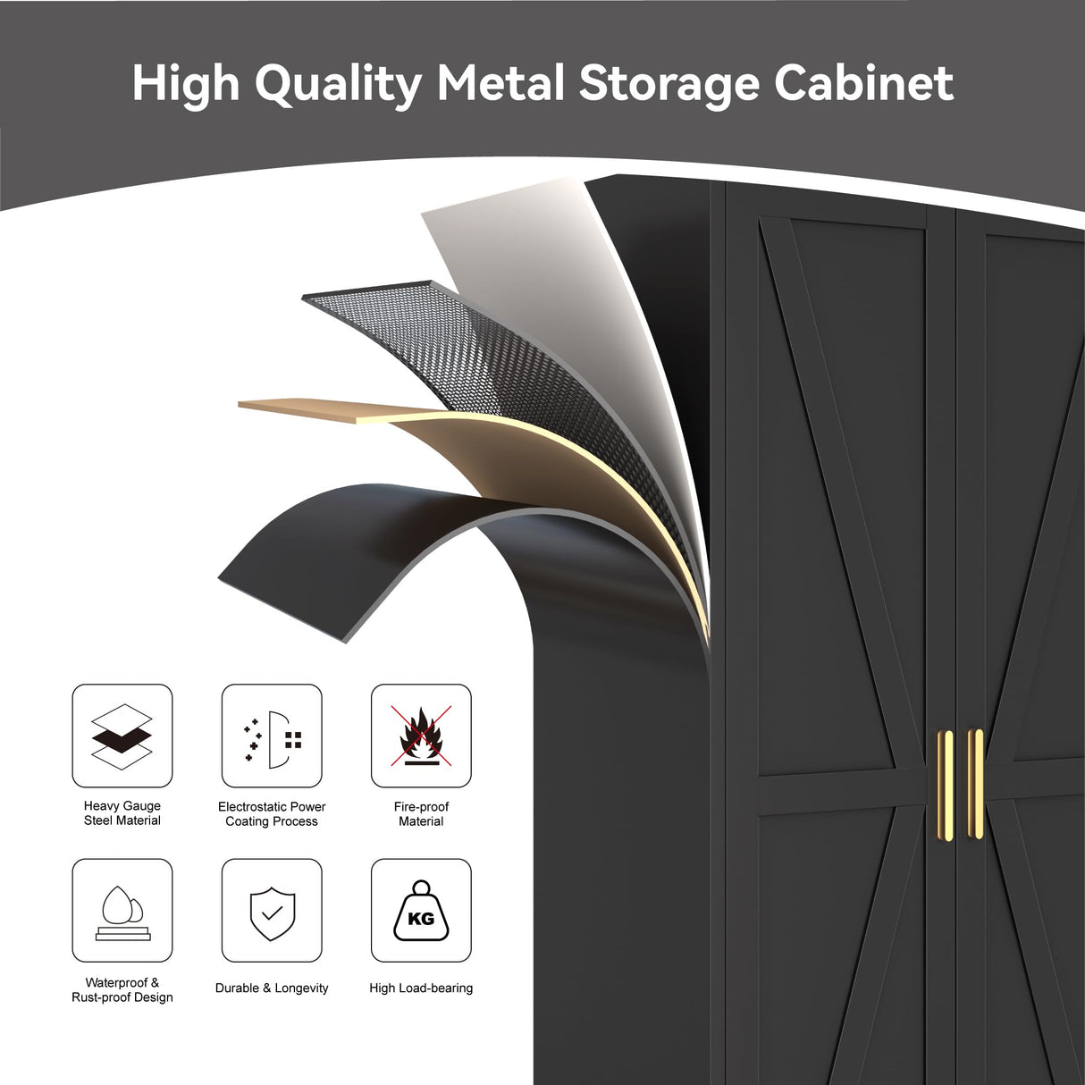 Metal Combination Cabinet, Black Wardrobe Closet Cabinets with Doors and Shelves, 71" Farmhouse Bedroom Armoire Closet with Hanging Rod and Clothing Shelf, White Steel Wardrobe Cabinet for Bedroom Bevivog