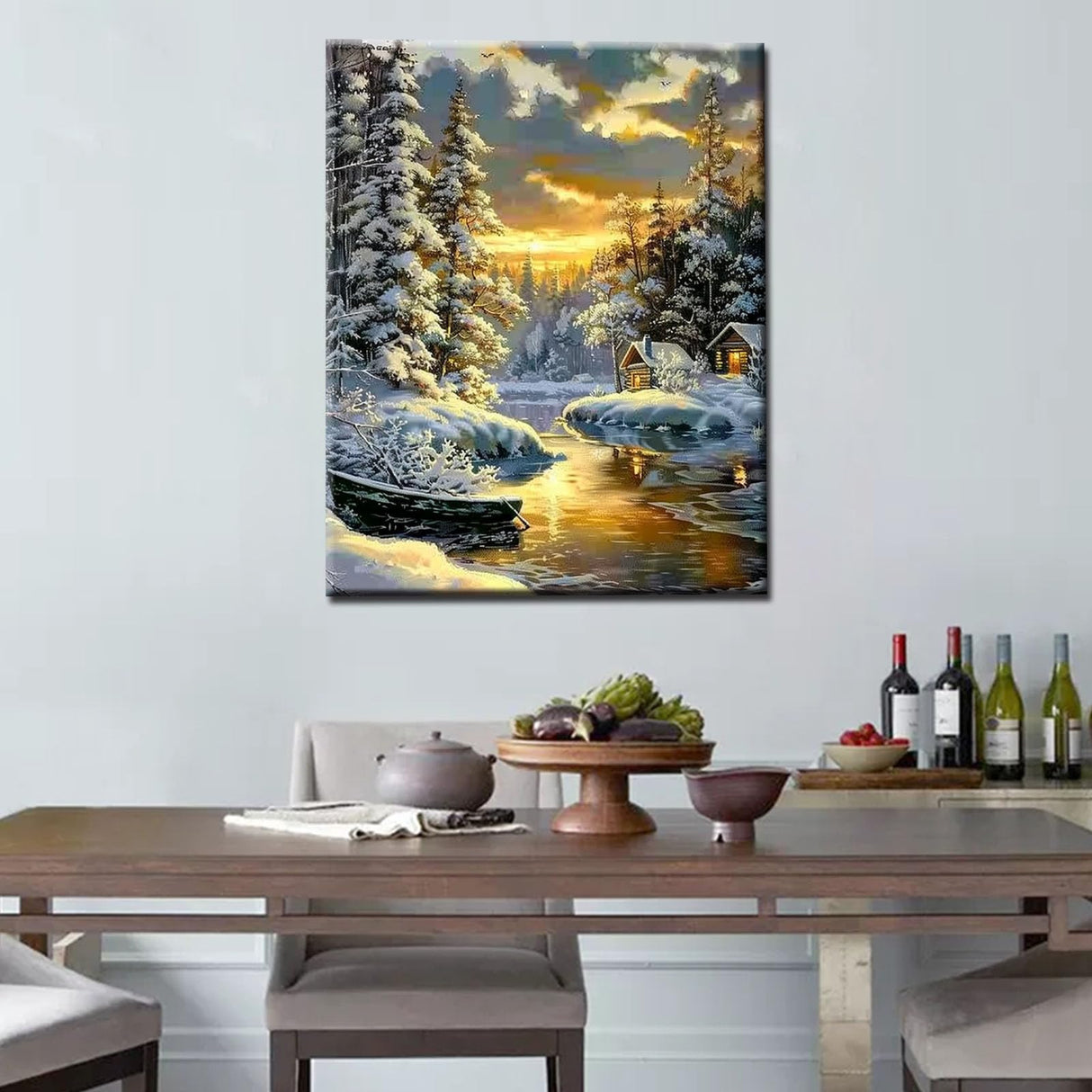 Winter Snow Scenery Paint by Numbers Kits 16x20 inch Canvas Abandon Wooden House DIY Oil Painting for Kids, Adults Beginner River and Forest at Sunset Artwork with Brushes, Landscape Gift(Frameless) Tucocoo