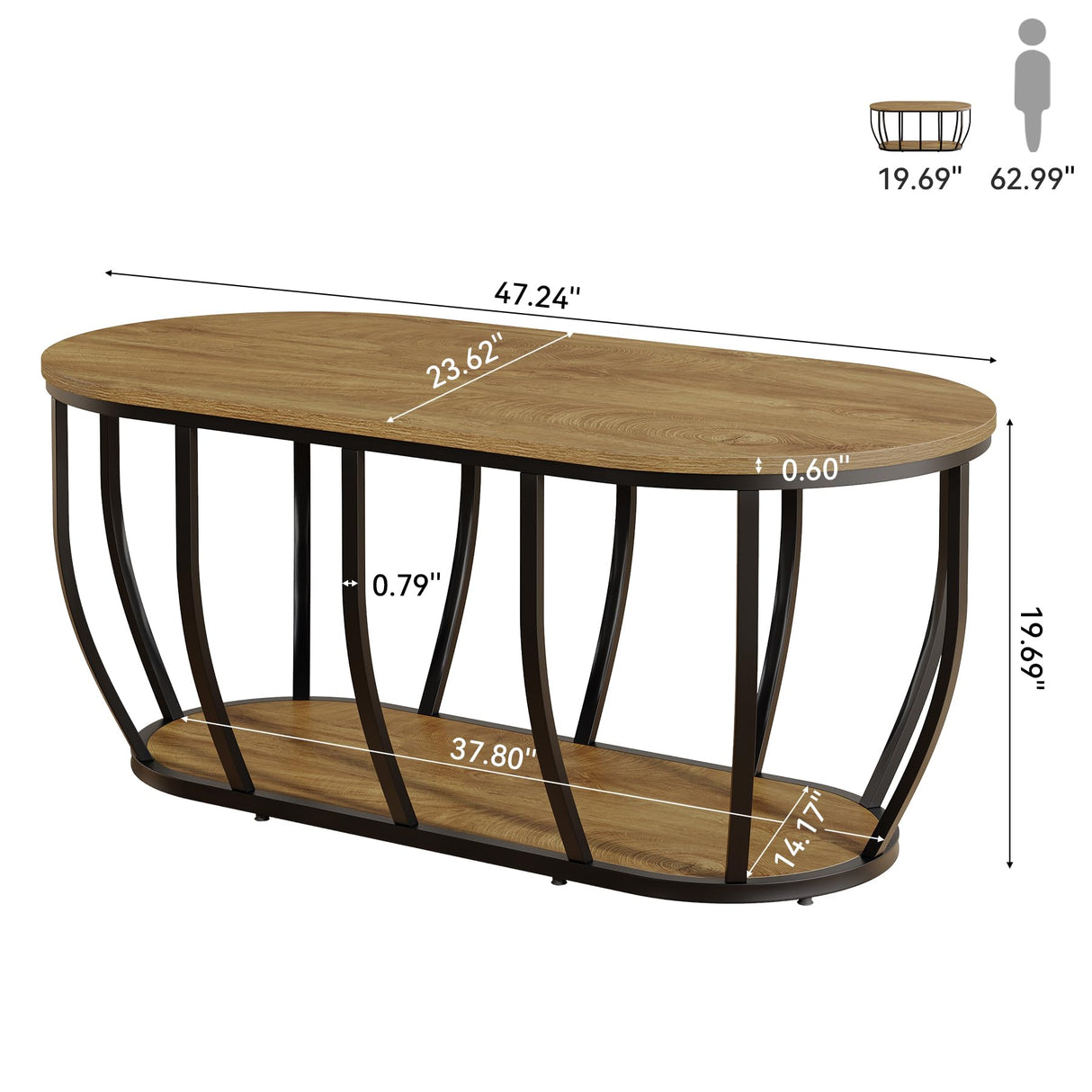 Tribesigns Oval Industrial Coffee Table with 2-Tier Storage, 47.2" Modern Wooden Center Cocktail Table with Curved Metal Base for Living Room, Home Office, Easy Assembly, Rustic Brown Tribesigns