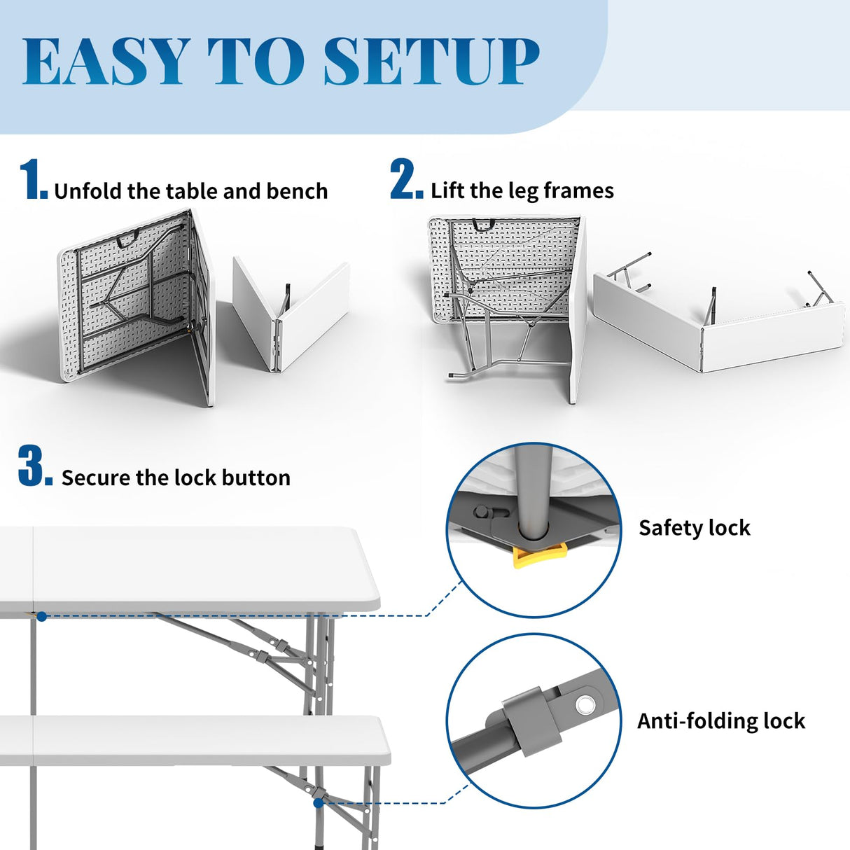HLPB Folding Table Picnic Table Set, 6 ft Camping Table with 2 Benches, Outdoor Indoor Portable Folding Table for Working Meeting Parties, Camping, Picnic, Weddings w/Handle and Safety Locks, White HLPB