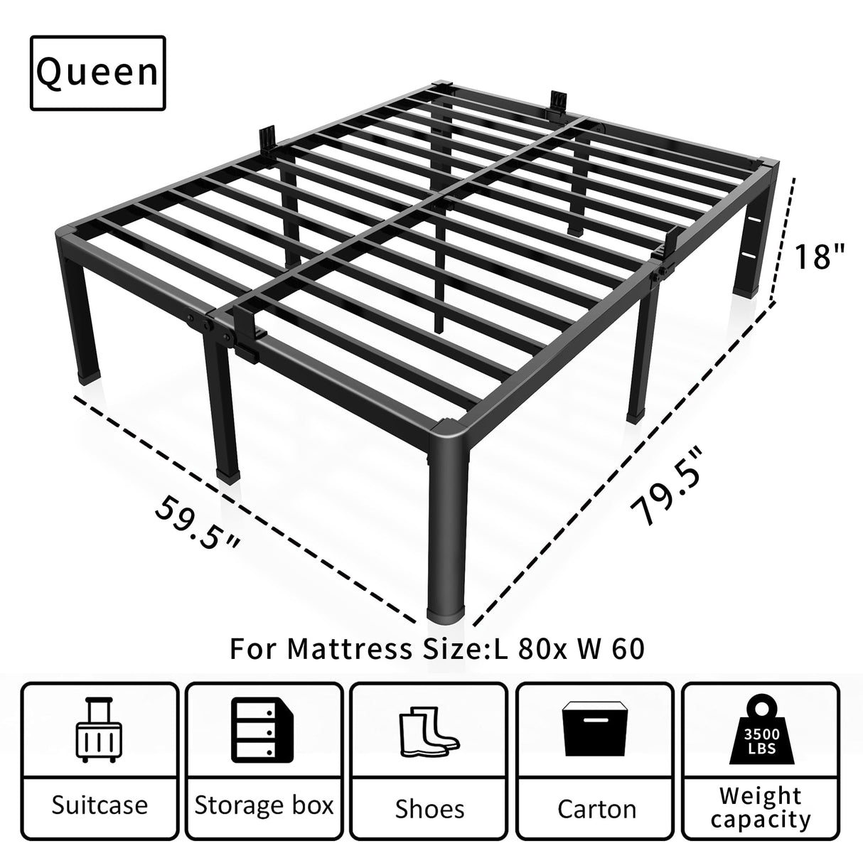 ROIL 18 Inch Queen Bed Frame with Rounded Corner and Headboard Hole Mattress Retainers 3500LBS Metal Heavy Duty Steel Slats No Box Spring Needed Platform Noise-Free Easy Assembly ROIL
