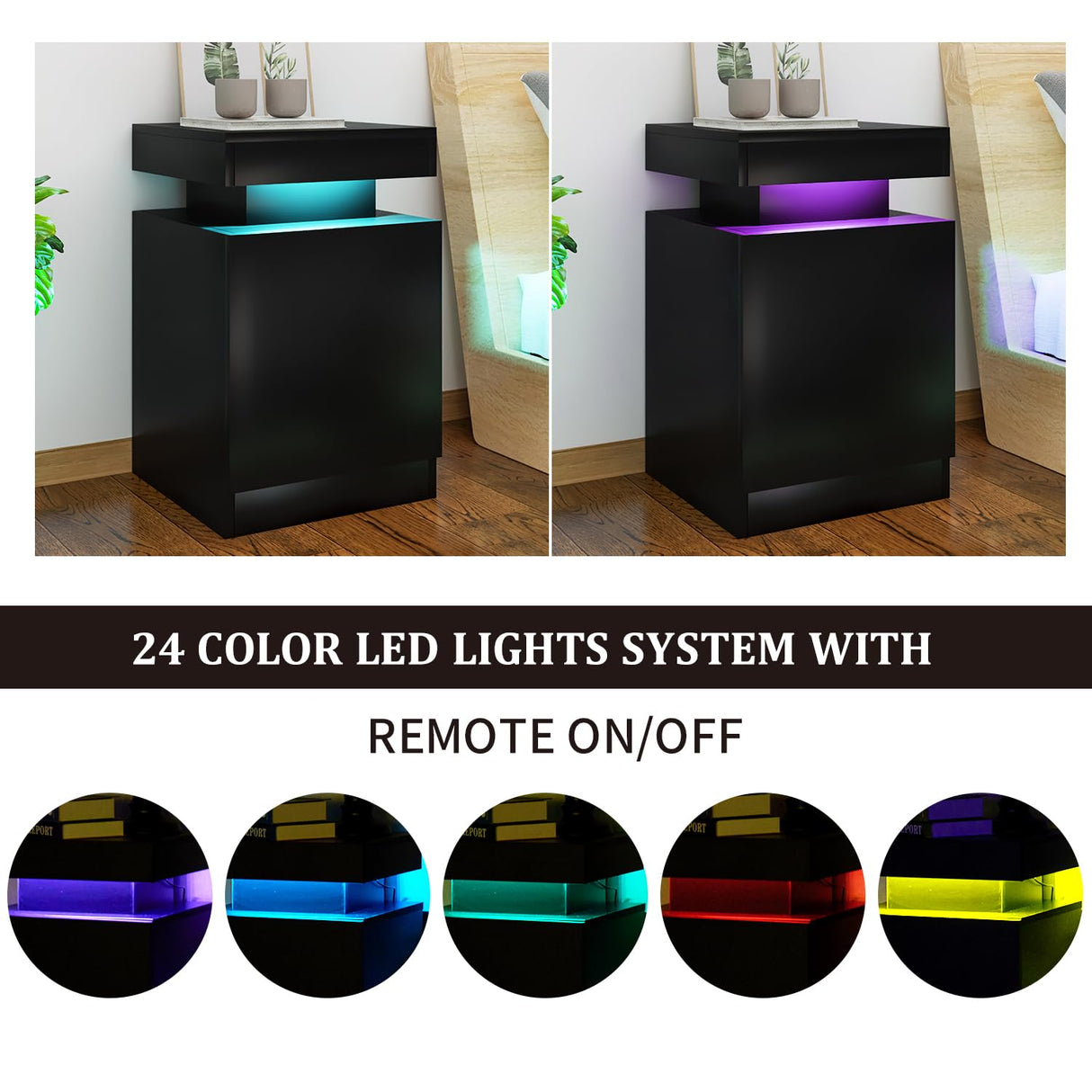 oneinmil Nightstand Set of 2 with LED Lights,Night Stand with Storage Cabinet for Bedroom,Bedside Table with LED, Black oneinmil