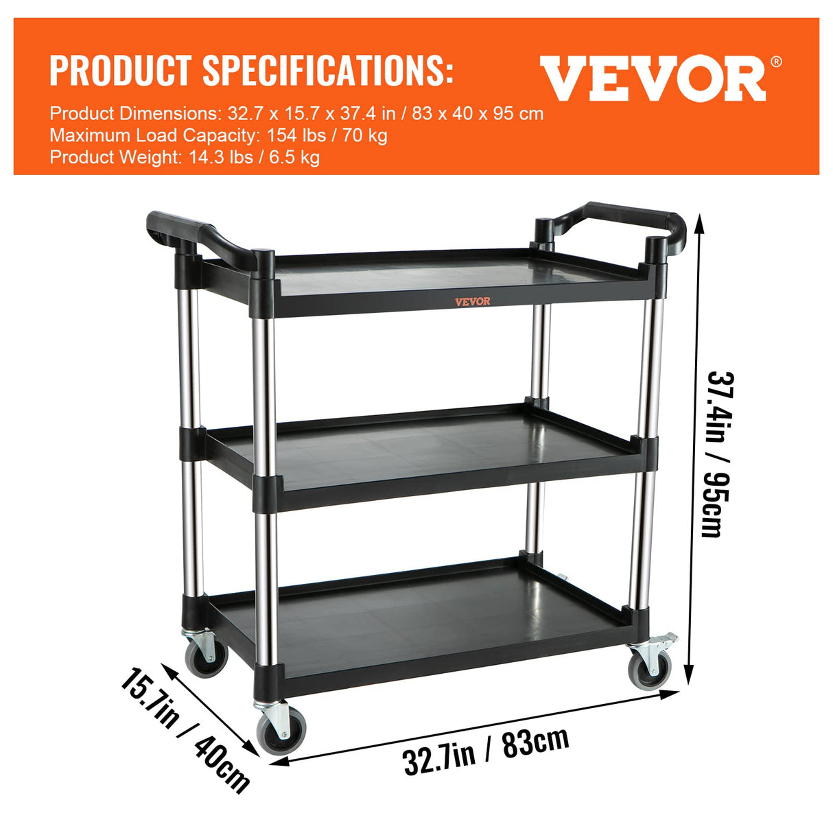 VEVOR Utility Service Cart, 3 Shelf Heavy Duty 154LBS Food Service Cart, Rolling Utility Cart with Lockable Wheels, 32.7" x 15.7" x 37.4" Plastic VEVOR