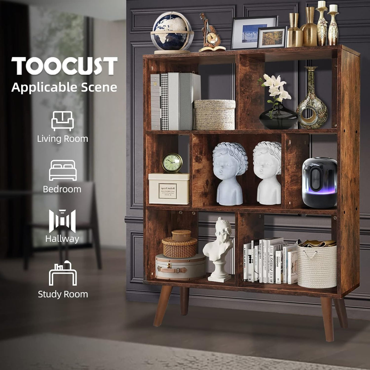 Mid Century Modern Bookshelf – 7 Cube Retro Bookcase, 3 Tier Open Shelf Mid Century Book Shelf, Walnut Dark Wood Rustic Bookshelves for Living Room Bedroom, Sturdy Wooden Bookcase TooCust