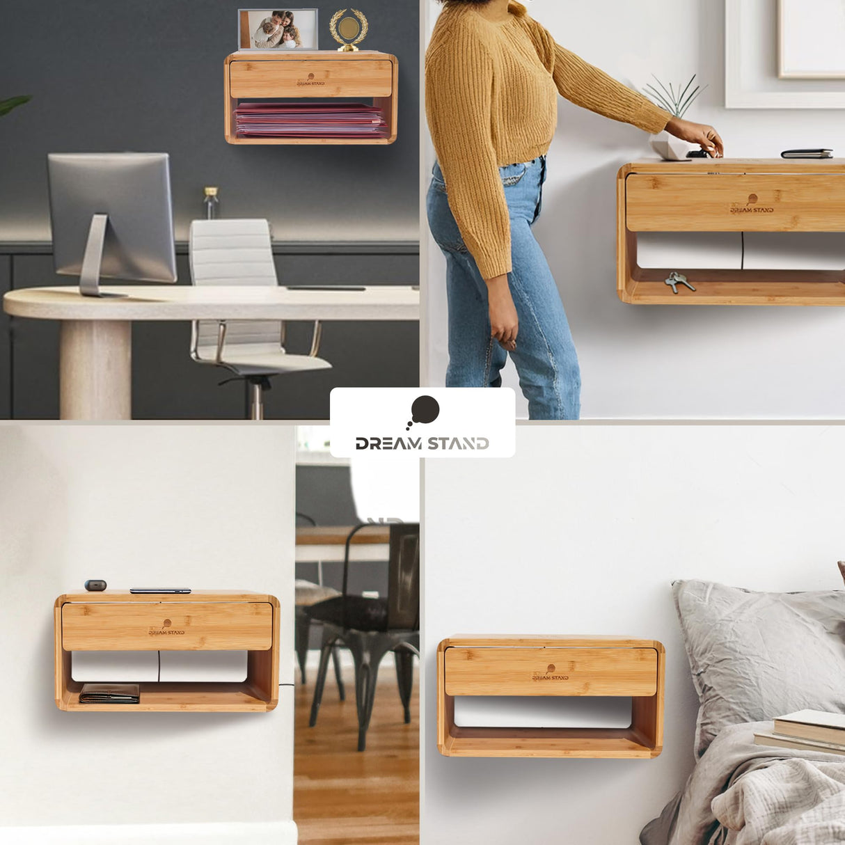 Floating Nightstand with Drawer & Charging station/Wall Mounted Bedside Table, Floating Shelf Nightstands for Small Spaces/Modern Bamboo Wall Mounted Night stand for Bedroom & Living Room/Easy Install Generic