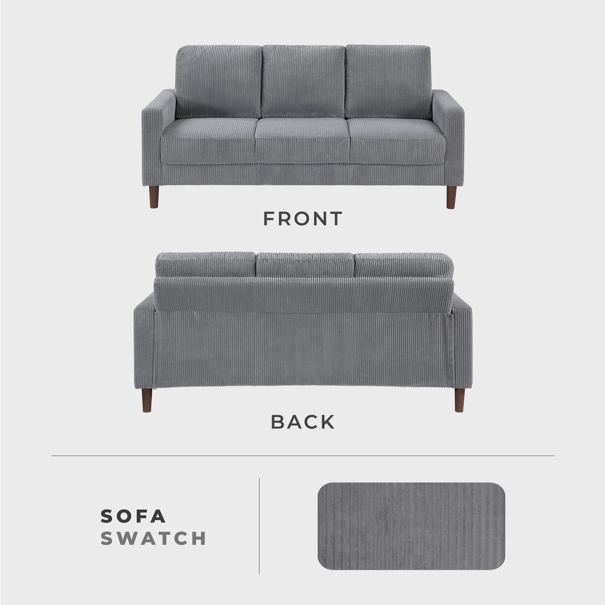 Lexicon Modern Sofa, Corduroy Fabric Upholstered Living Room Sofa, Couch with Brown Legs, Track Arms, Comfy Couch for Living Room/Bedroom/Apartment, 3-Seater, Gray Lexicon