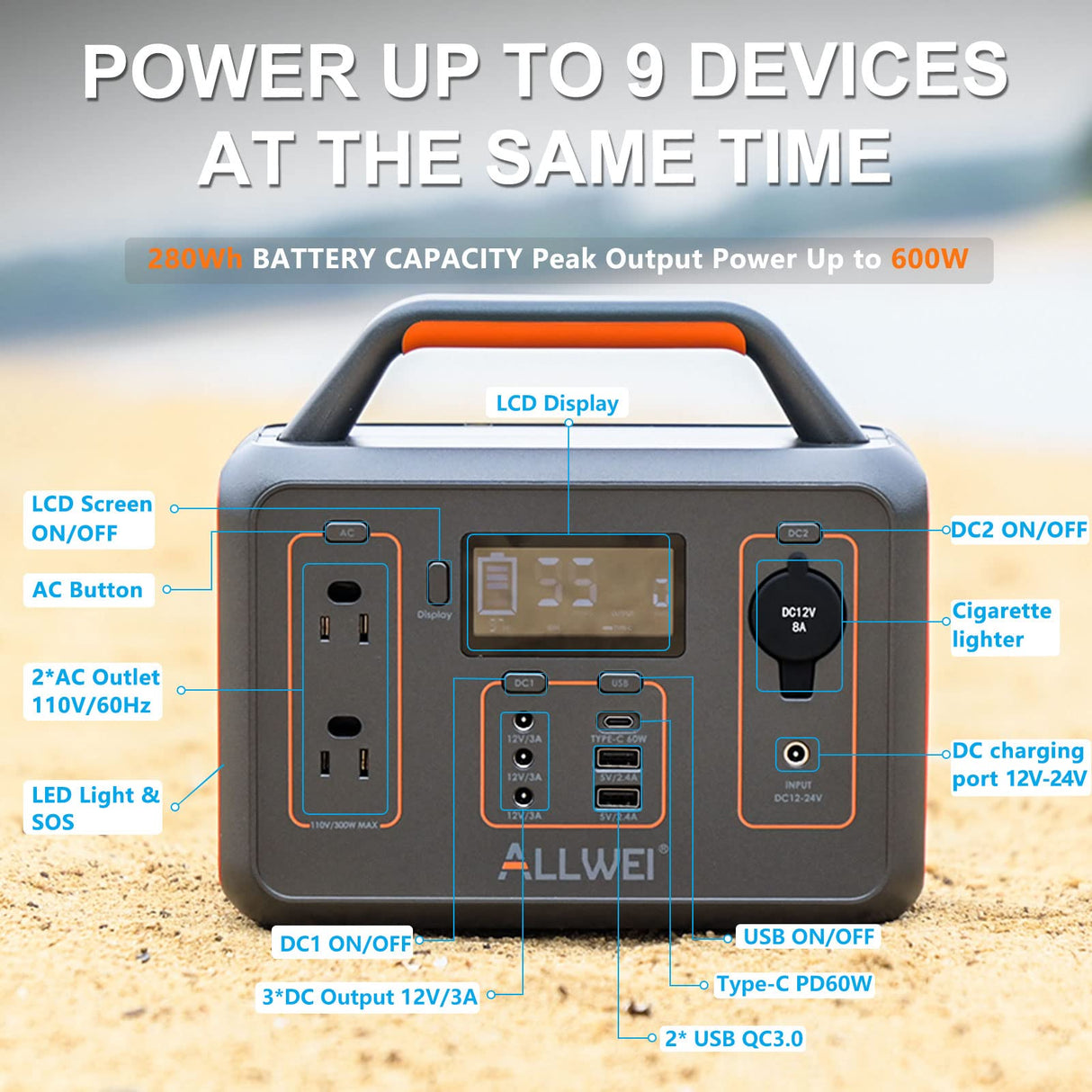 ALLWEI Portable Power Station 300W(Surge 600W), 280Wh Solar Generator with 120V AC Outlet, 78000mAh Backup Lithium Battery Generator for CPAP Outdoor RV Camping Emergency Home Use ALLWEI