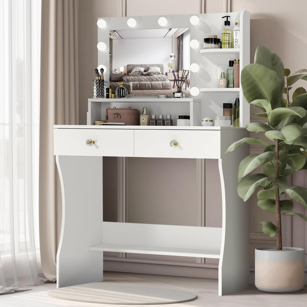 CUOZOVA Vanity Desk with Mirror and Lights, White Vanity with Lighted Mirror, Vanity with Lights with Drawers & Shelves, Makeup Vanity Desk with Lights for Bedroom & Dressing Room, 3 Lighting Modes CUOZOVA