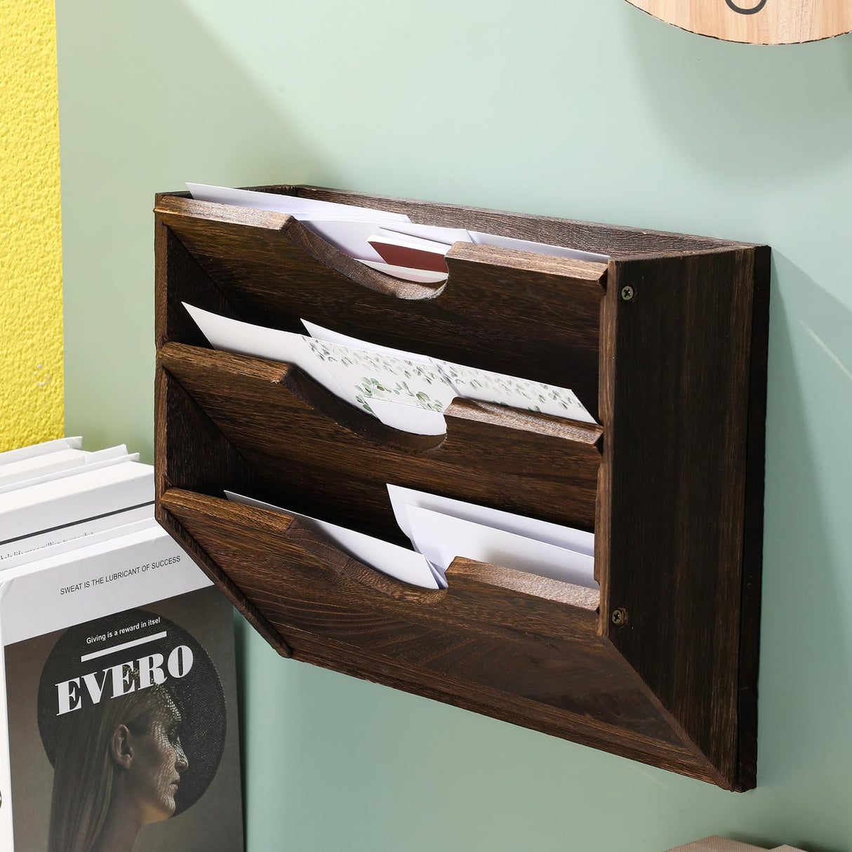 RattanView 3 Pockets Wood Wall File Holder Hanging Wall File Organizer for Office Rustic Paper Mail Organizer Wall Mounted Storage Rack for Home Documents Magazine Literature File Folders, Brown RattanView