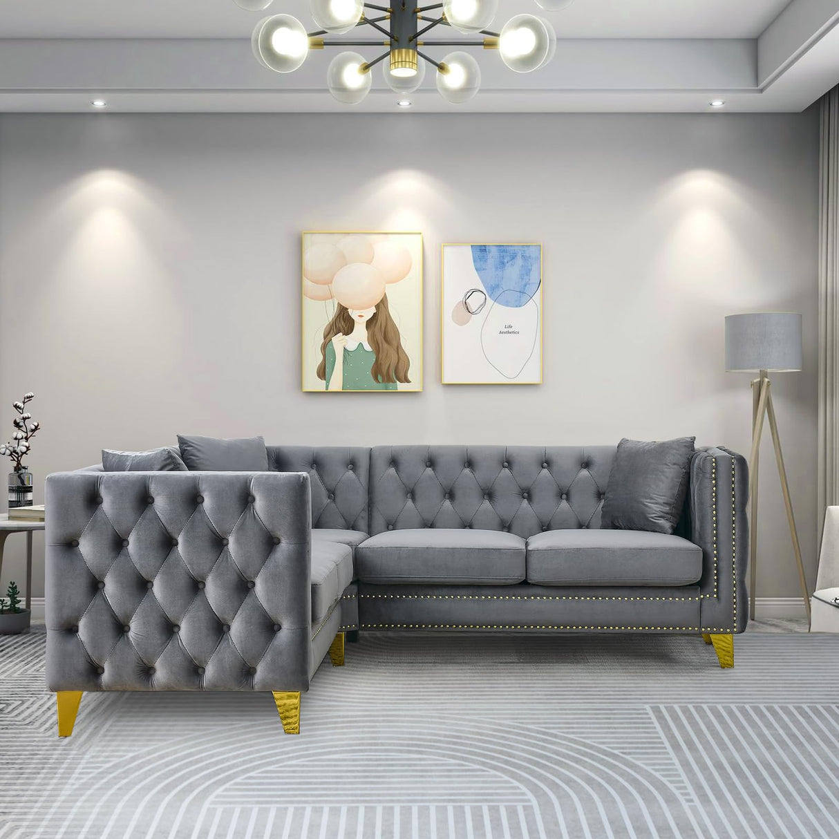 Velvet L Shaped Sofa Couch, Upholstered Sectional Couch with Tufted Back and Rivet Decoration, Modern 5 Seater Corner Sofa with Golden Tapered Legs and 3 Pillows, Comfy Couches for Living Room, Gray KINFFICT