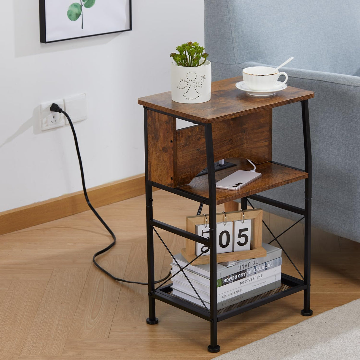3 Tier Narrow Side Table with Charging Station, Slim End Table Nightstand Table Storage Shelf With Hidden USB Ports , Two Installation Methods For Small Spaces/Bedroom/Living Room/Office,Rustic Brown YEAKOO