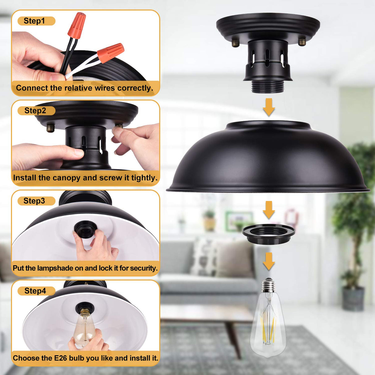 Vintage Rustic Semi Flush Mount Light, Farmhouse Black Ceiling Fixture, Industrial Lights for Hallway, Stairway, Foyer, Kitchen, Porch, Entryway (2 Pack) Wegitcs