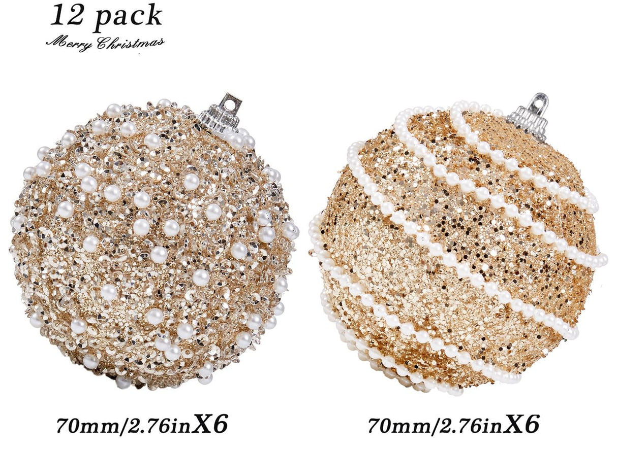 Champagne Gold Christmas Ball Ornaments, Christmas Ball Decorations Shatterproof Plastic Hanging Pearl Balls for Holiday Party(70mm/2.76", 12ct) Munansli