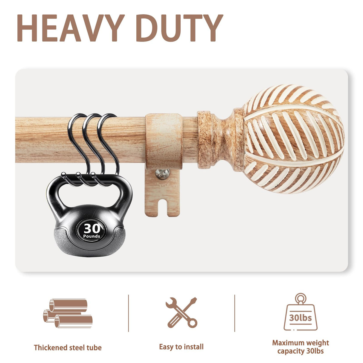 Wood Curtain Rods for Windows 66 to 120, 1 Inch Curtain Rod Set, Heavy Duty Drapery Rods with Imitation Wood Grain Leaf Pattern Finials, Indoor/Outdoor Modern Curtain Rod, 32"-120", Brown zeerobee