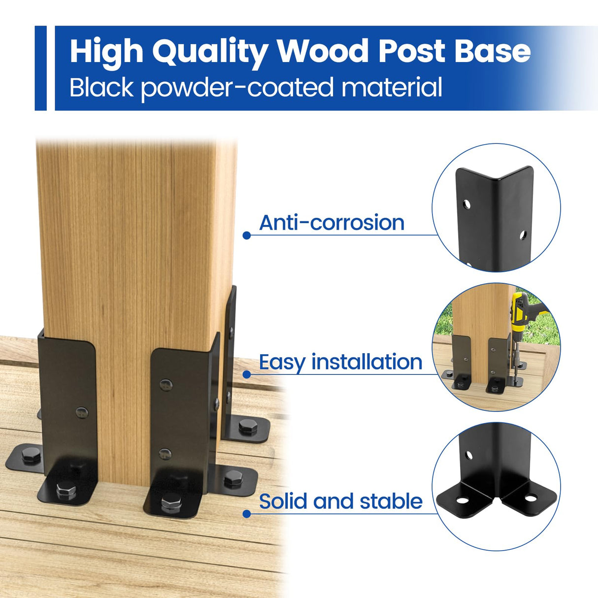 Muzata 4Pack Adjustable Post Base Brackets Deck Post Anchor Fit 1.5x1.5,2x2,2x4,4x4 Post Heavy Duty Wood Fence Pergola Post Base Support Black Half Column for Deck Railing Mailbox WT32 Muzata